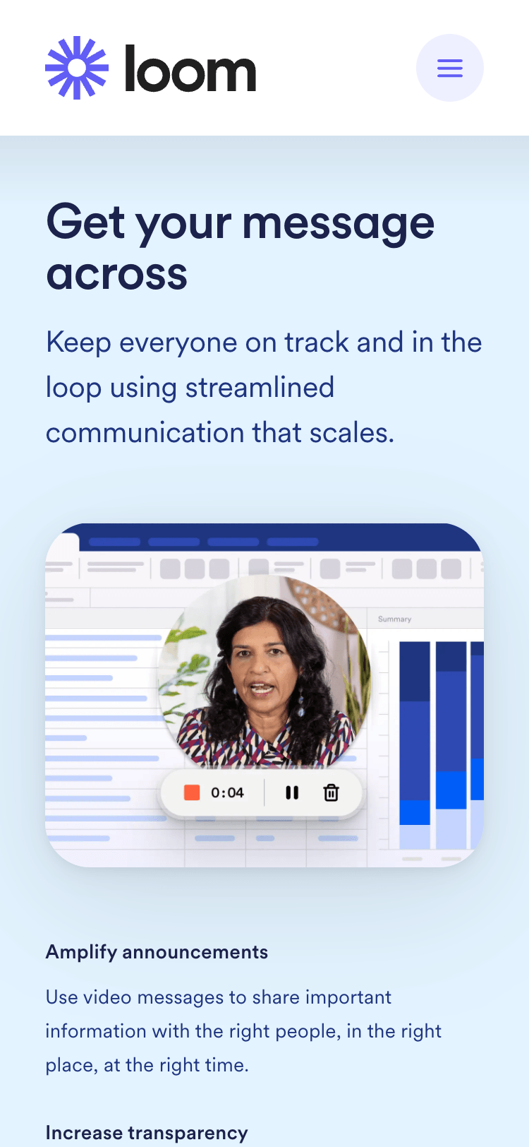 Mobile screenshot of the 'Get your message across' section on the Loom website. In the center of the screen is a screenshot representing the Loom app.