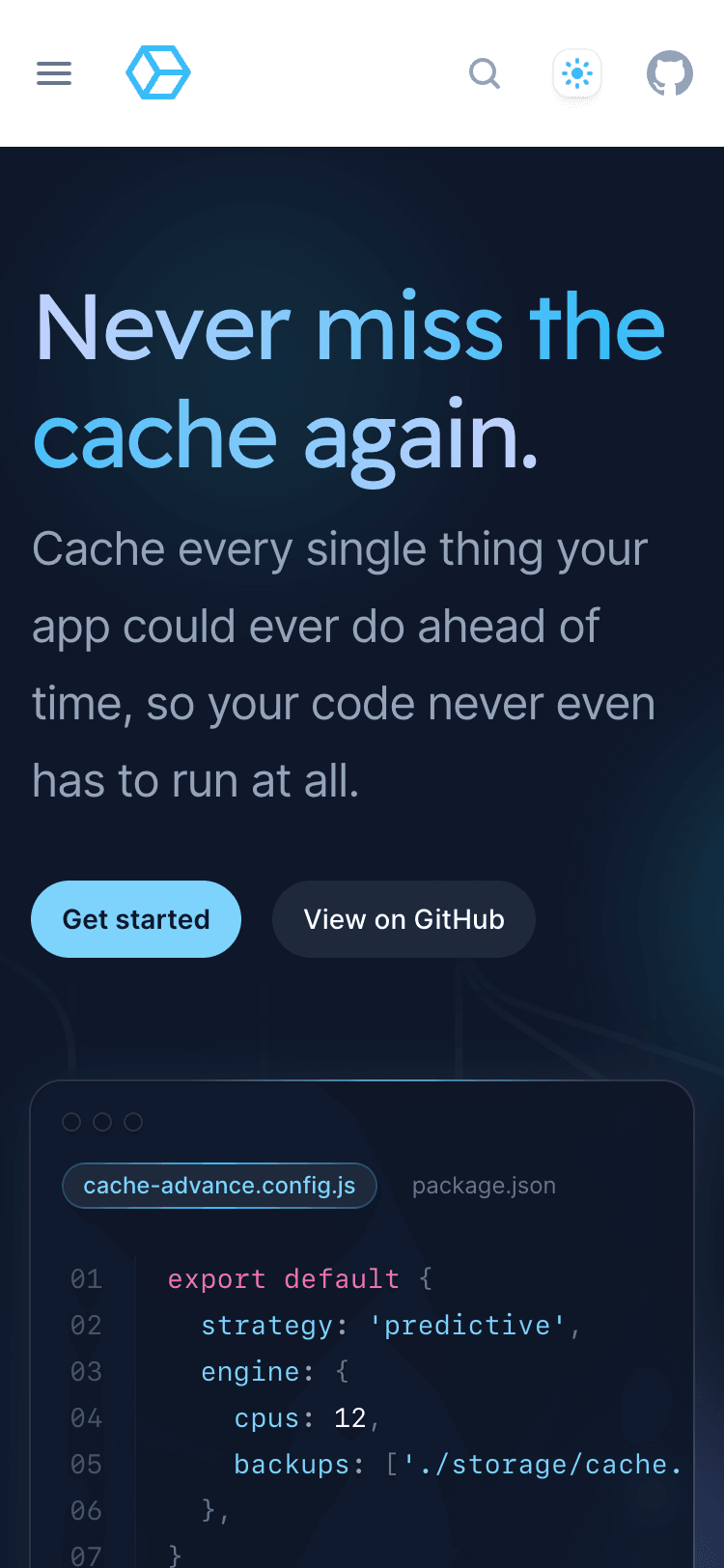 Mobile screenshot of the Syntax Tailwind UI template. The header contains a menu button, the CacheAdvance logo, a search button, a theme toggle button, and a GitHub link. The hero section contains a large heading and smaller introduction paragraph, followed by two call-to-action buttons labelled 'Get started' and 'View on GitHub'. Underneath is a JavaScript code example.